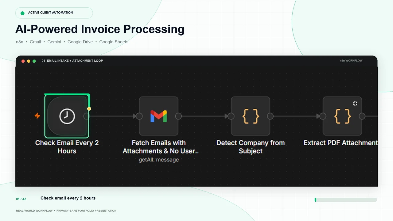Animated walkthrough of an n8n invoice-processing workflow, highlighting each node from Gmail intake through AI analysis, Google Drive filing, Gmail organization, confidence review, and final logging