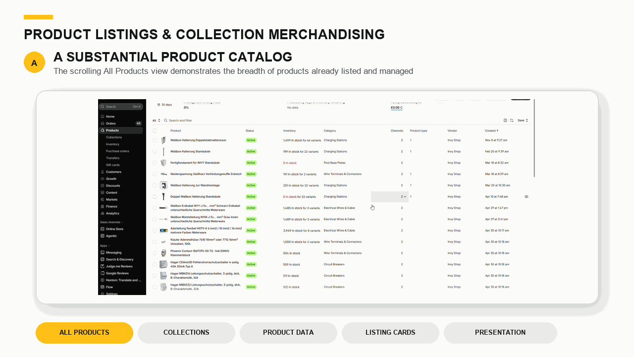 Animated Shopify catalog showing populated product listings, digital-product filtering, automated collections, merchandising order, and storefront results