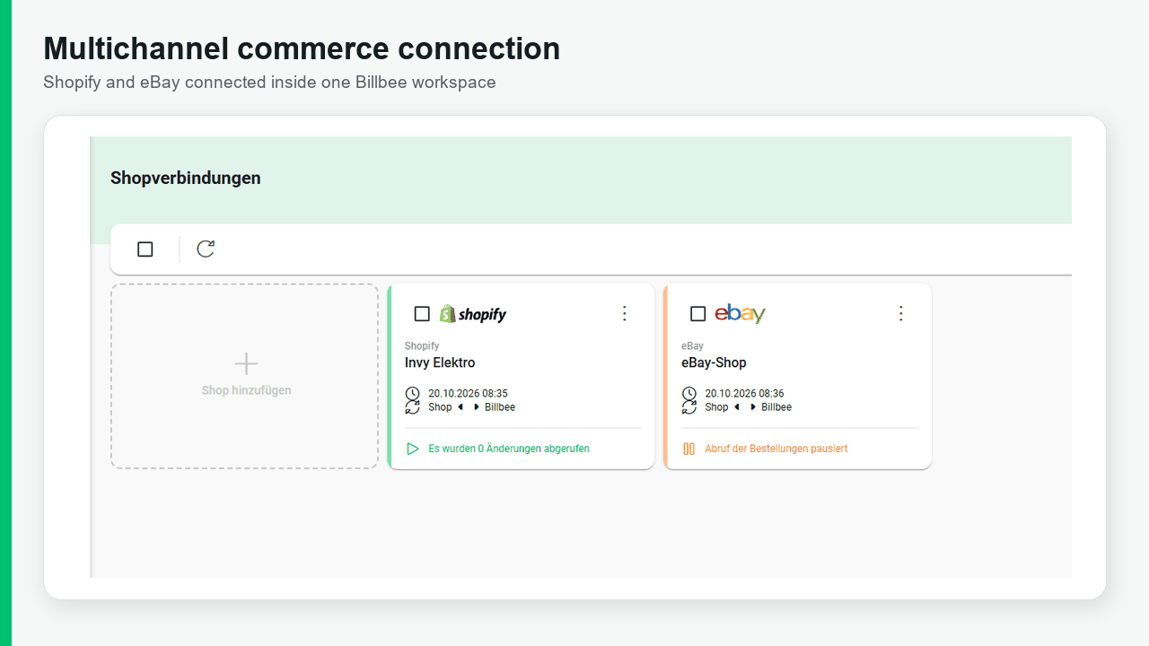 Animated Billbee configuration showing connected Shopify and eBay channels, automatic order retrieval, and status synchronization settings